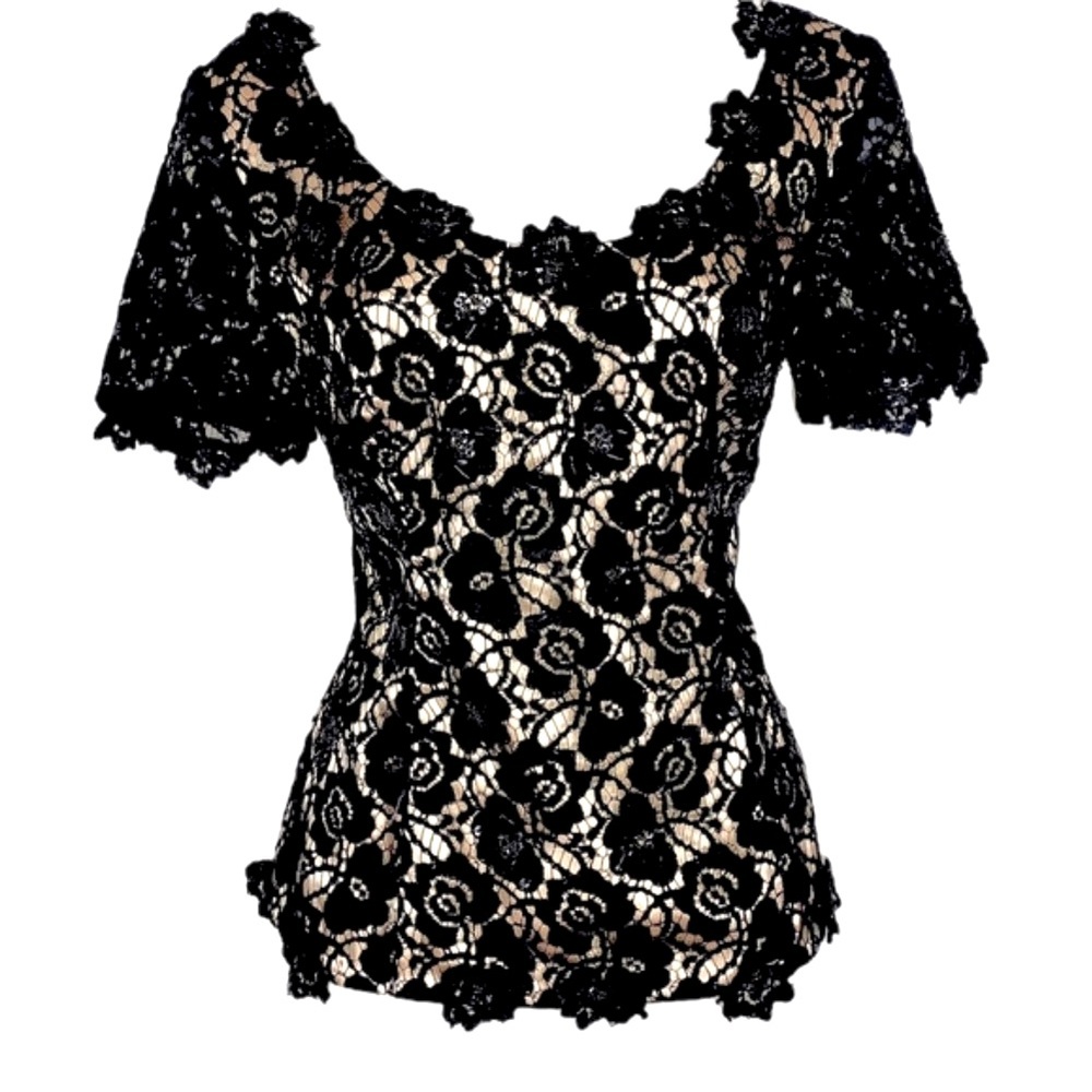 JS Boutique Beaded Floral Lace Black Overlay Tan Nude Illusion Top 8 Evening - Picture 6 of 14